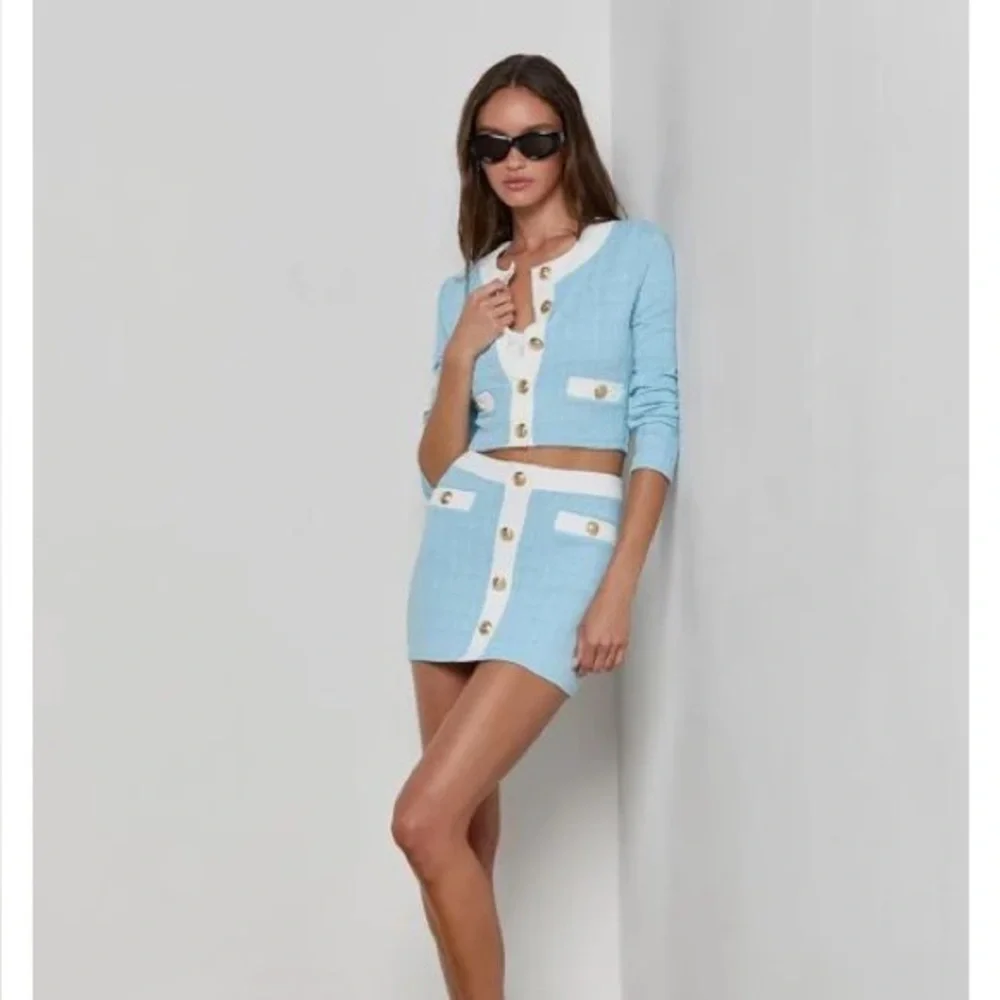 L'AGENCE Adeline Cardigan and Coco Mini Skirt Cover-Up in powder blue